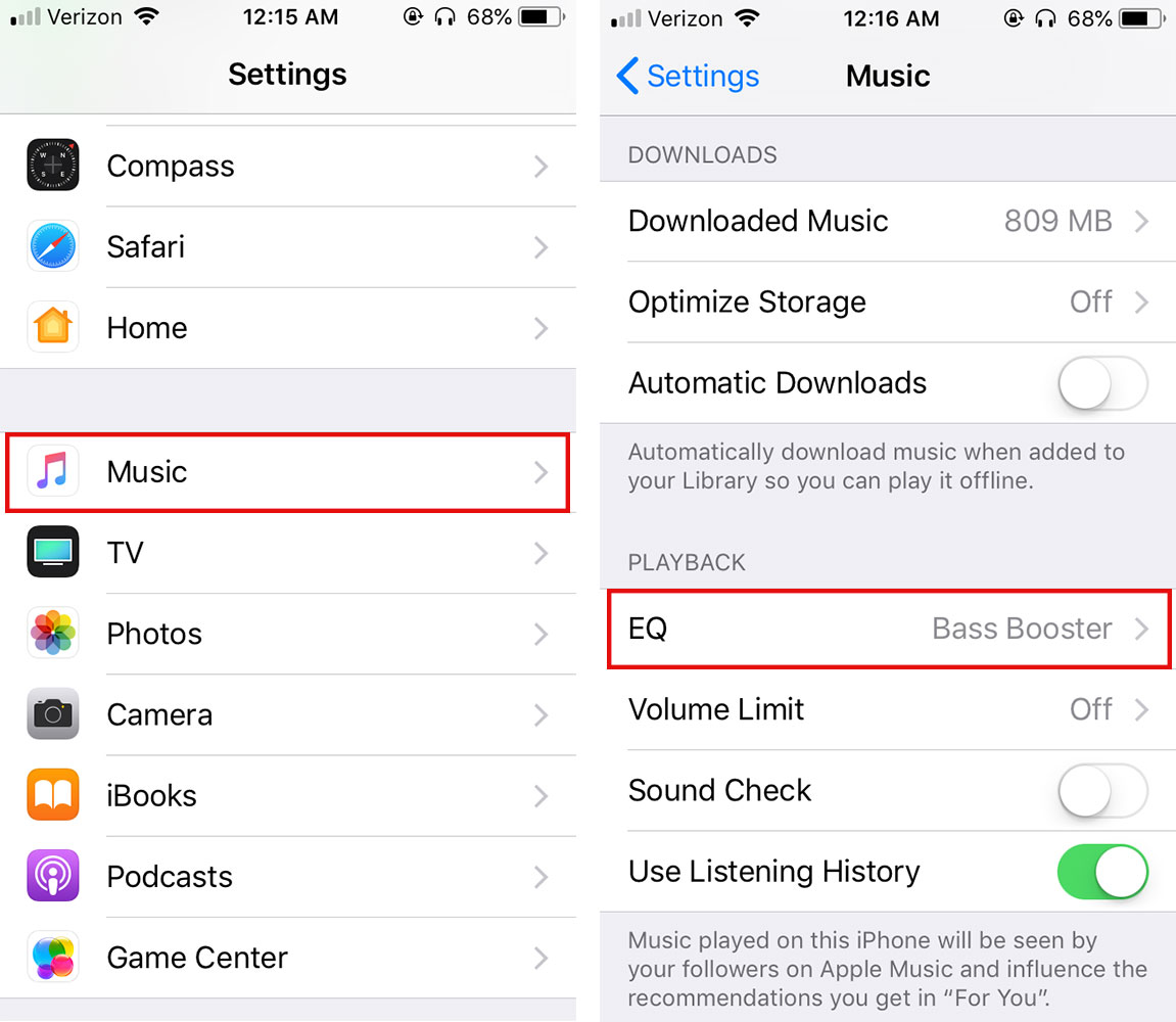 Navigate to EQ Settings Apple iOS