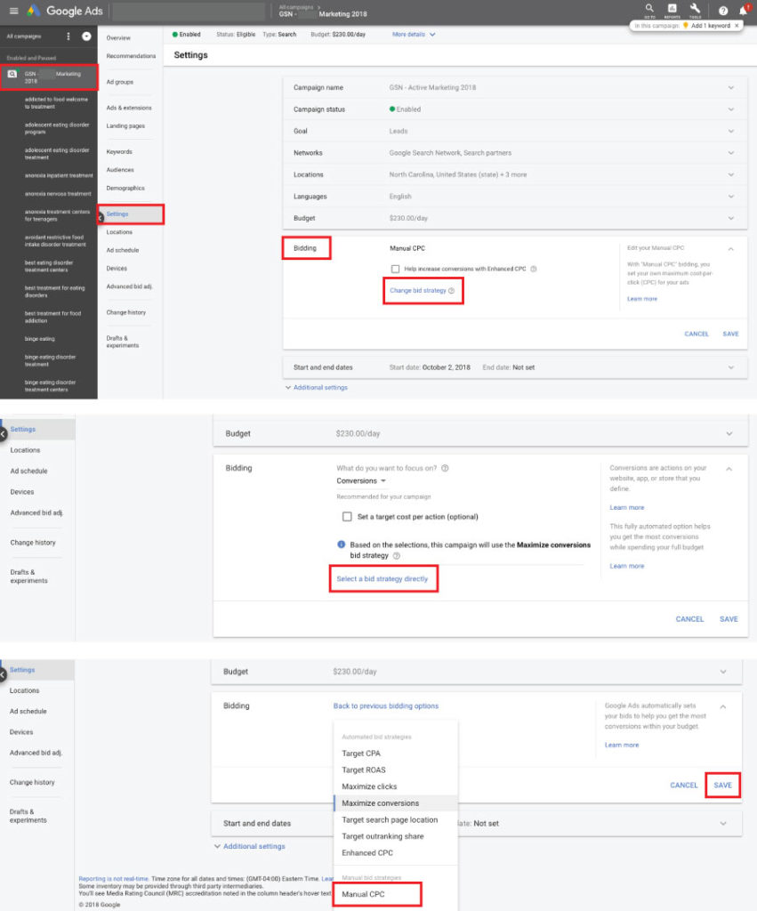 Change Adwords Bidding Strategy to Manual CPC